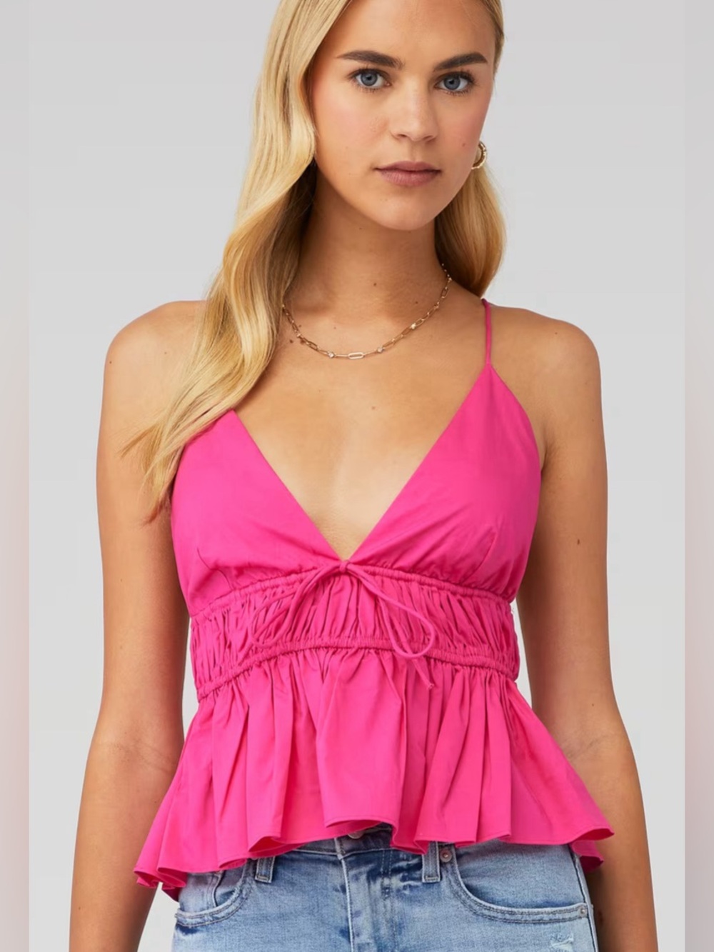 Wayf Hot Pink Ruffle Smocked Tie Front Cami Strappy Tank Top S Small